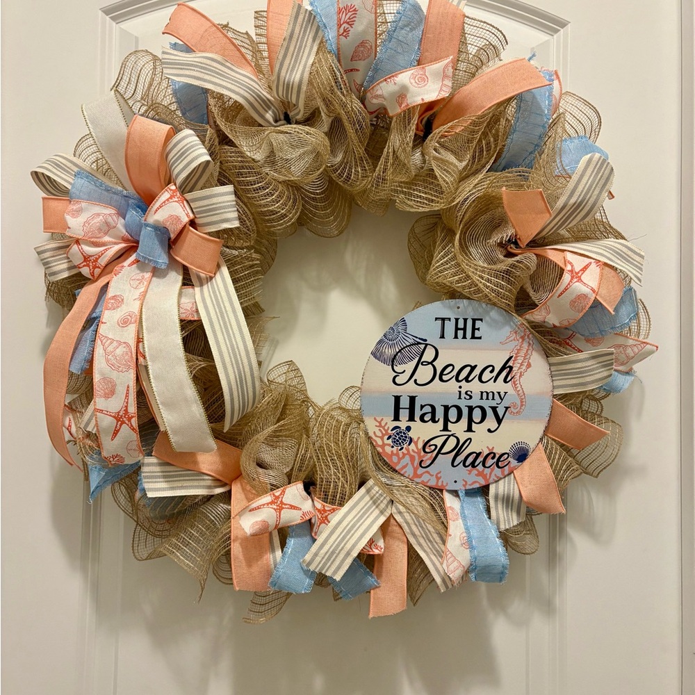 Beach Happy Place Burlap Wreath with Blue and Coral Accents